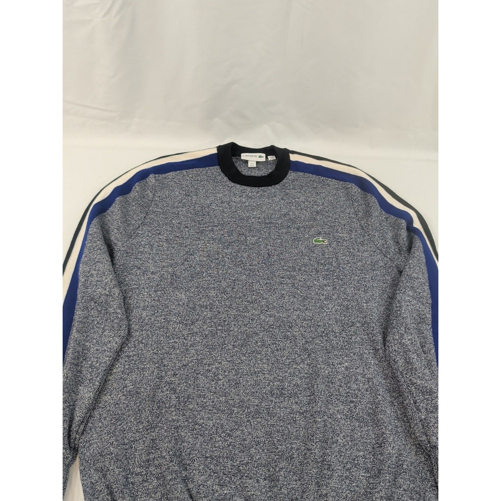Lacoste Mens Sweater Gray Pure New Wool Crew Neck Blue Black Stripe Hem Size XL